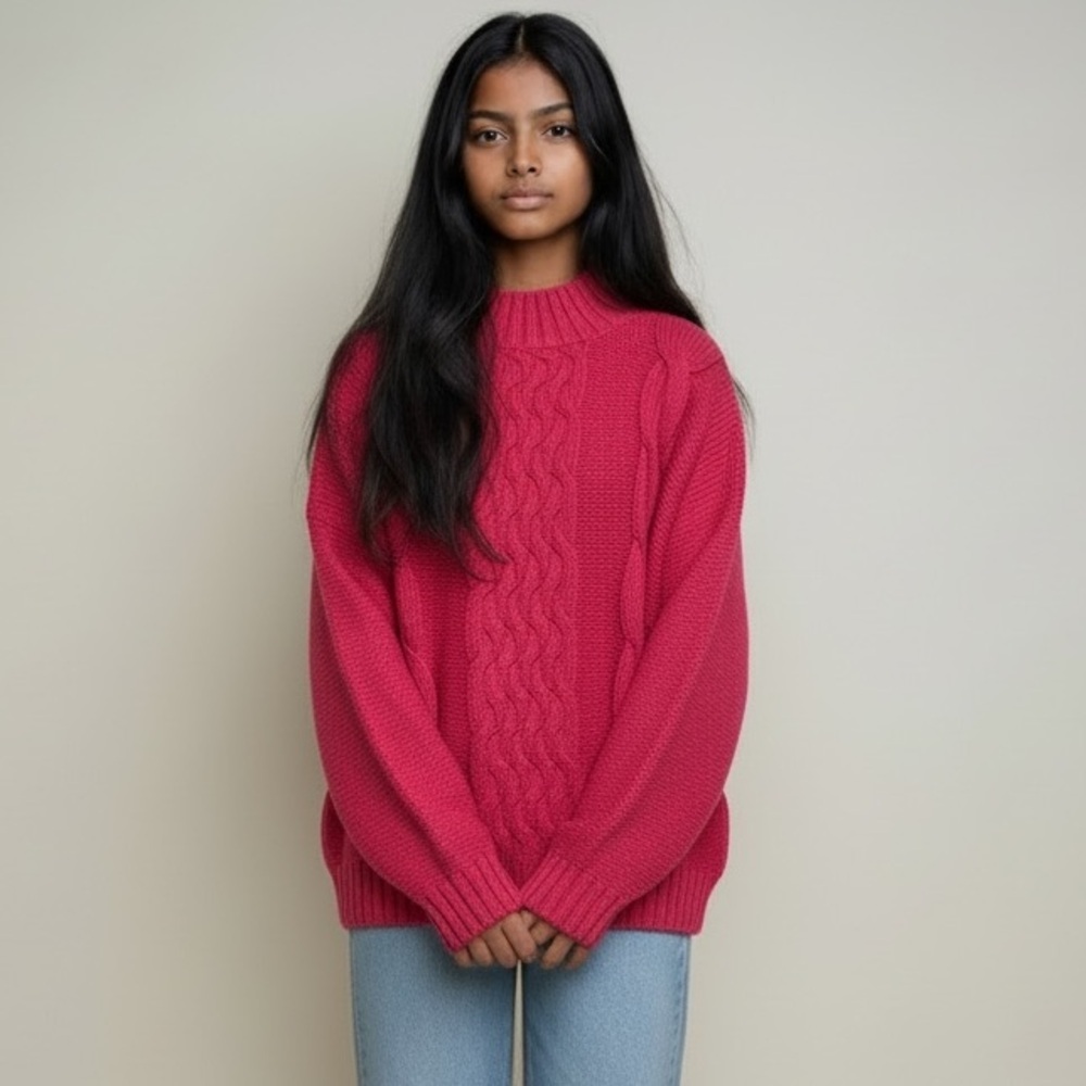Vintage Women's Pink Oversized Cable Knit Sweater